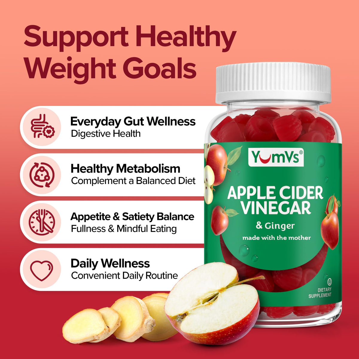 YUM-V'S Apple Cider Vinegar Gummies with Ginger - 60 Count - image 3