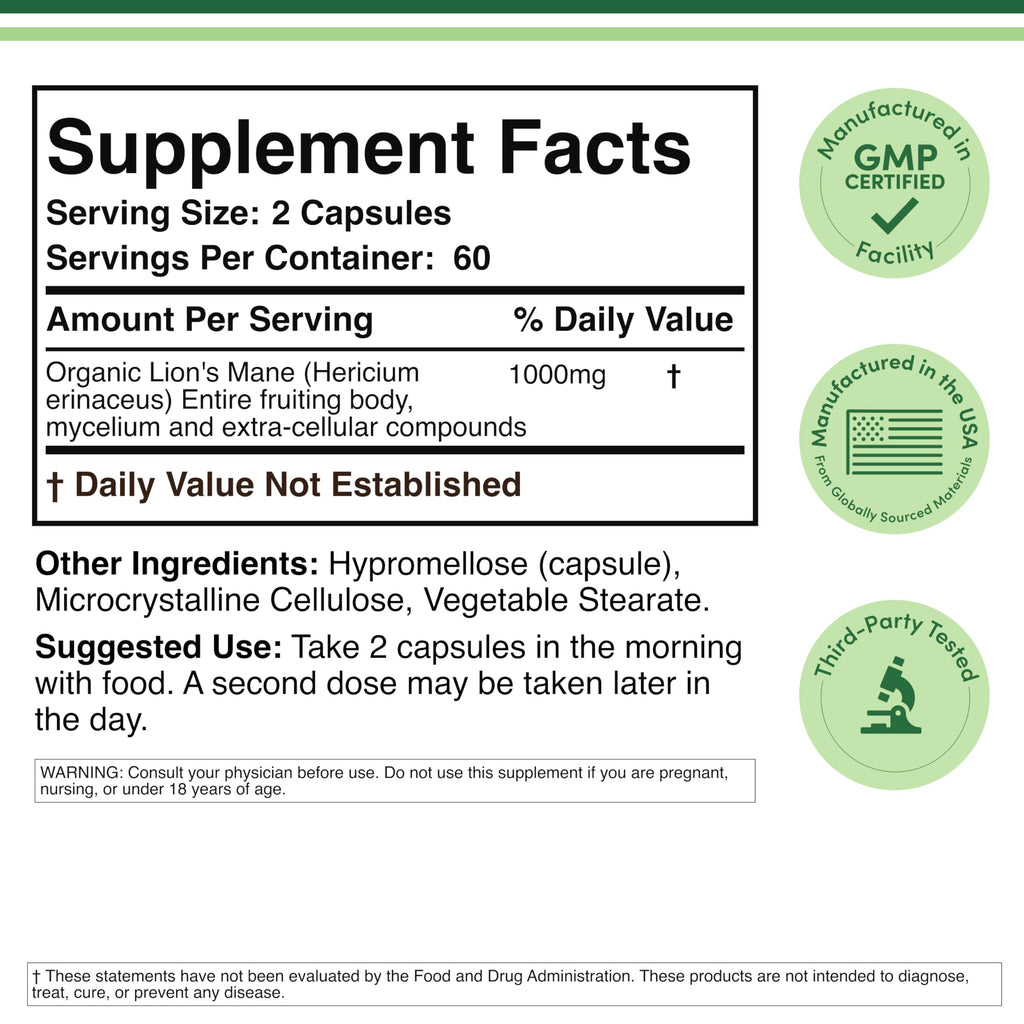 Double Wood Supplements Organic Lion's Mane Mushroom 1000mg - 120 Capsules - image 2