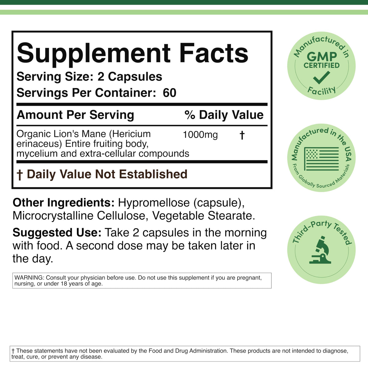 Double Wood Supplements Organic Lion's Mane Mushroom 1000mg - 120 Capsules - image 2