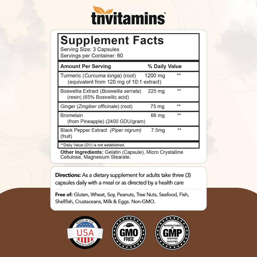 tnvitamins Turmeric & Boswellia Complex Joint Support - 180 Capsules - image 2