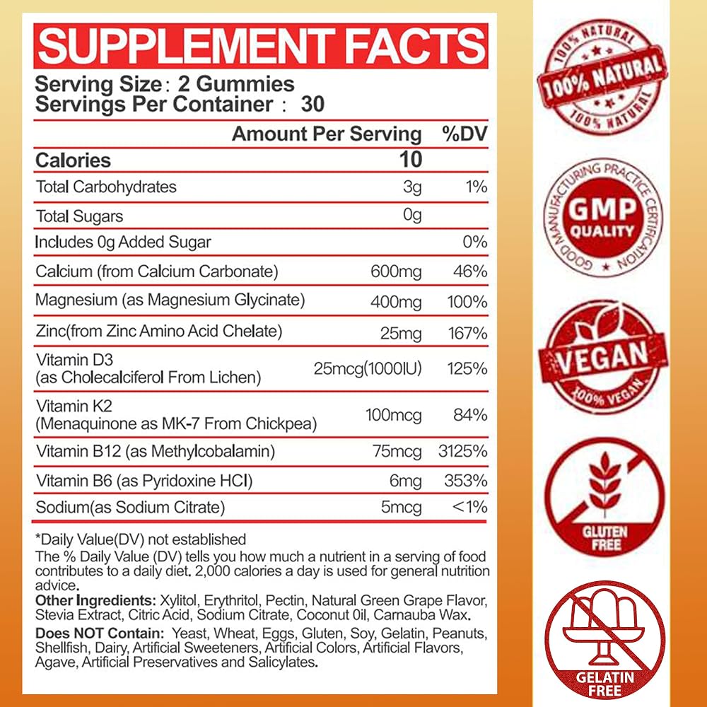 Tcemundry Calcium Magnesium Zinc Gummies with Vitamin D3 & K2 - High