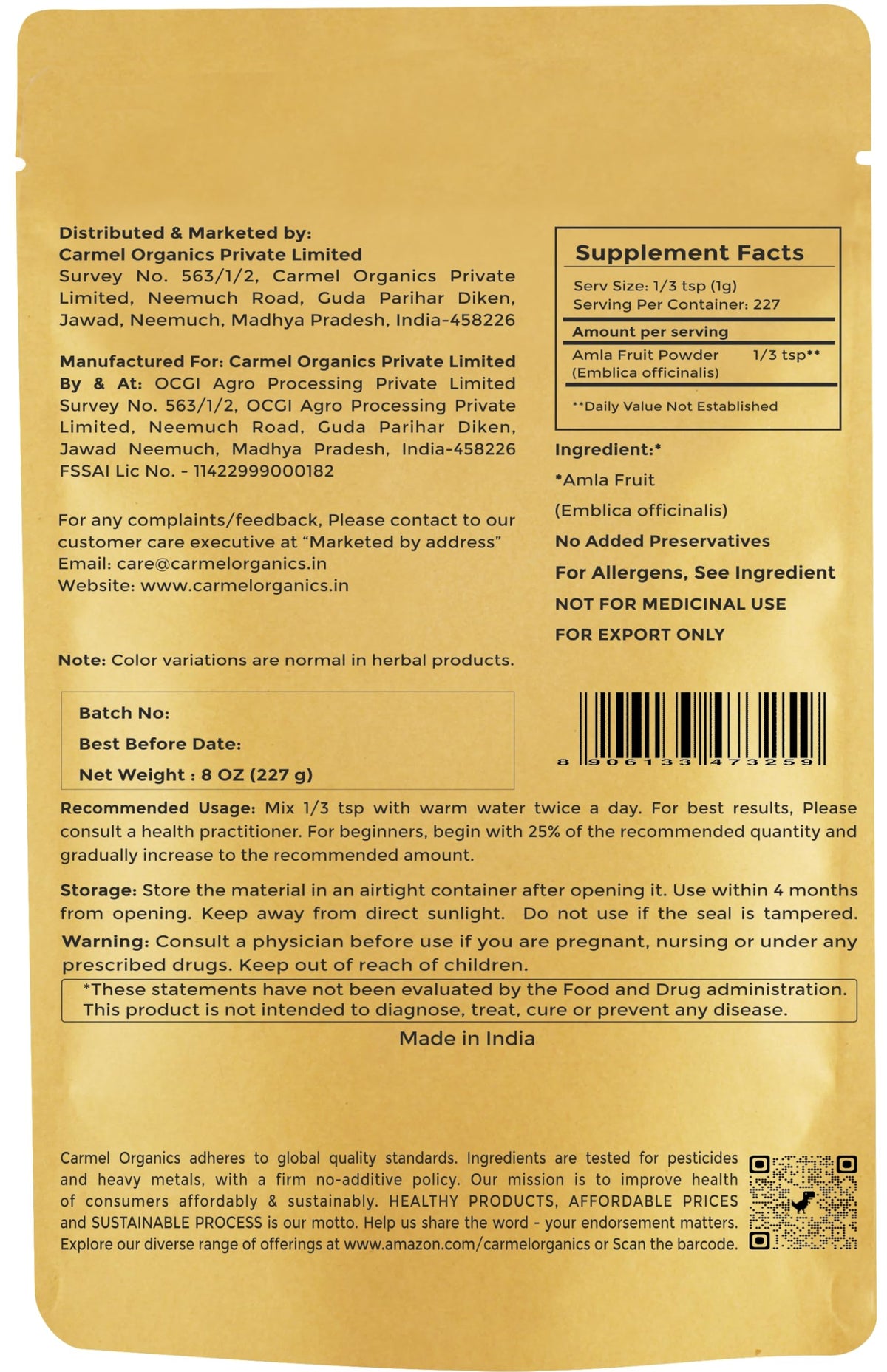 CARMEL ORGANICS Amla Fruit Powder - 8 Ounces - image 3