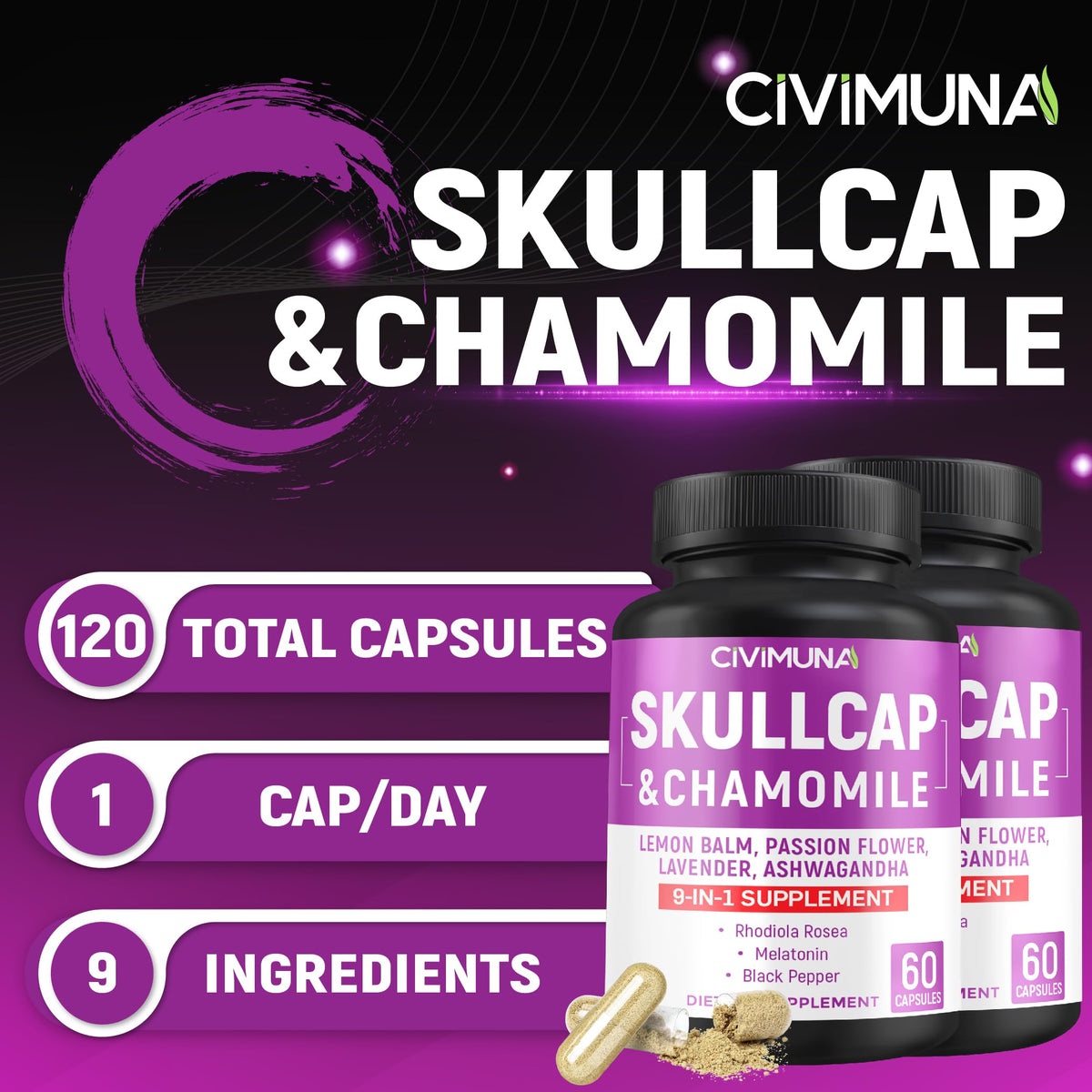 CIVIMUNA Skullcap Capsules with Chamomile & Lemon Balm - 120 Capsules - image 2