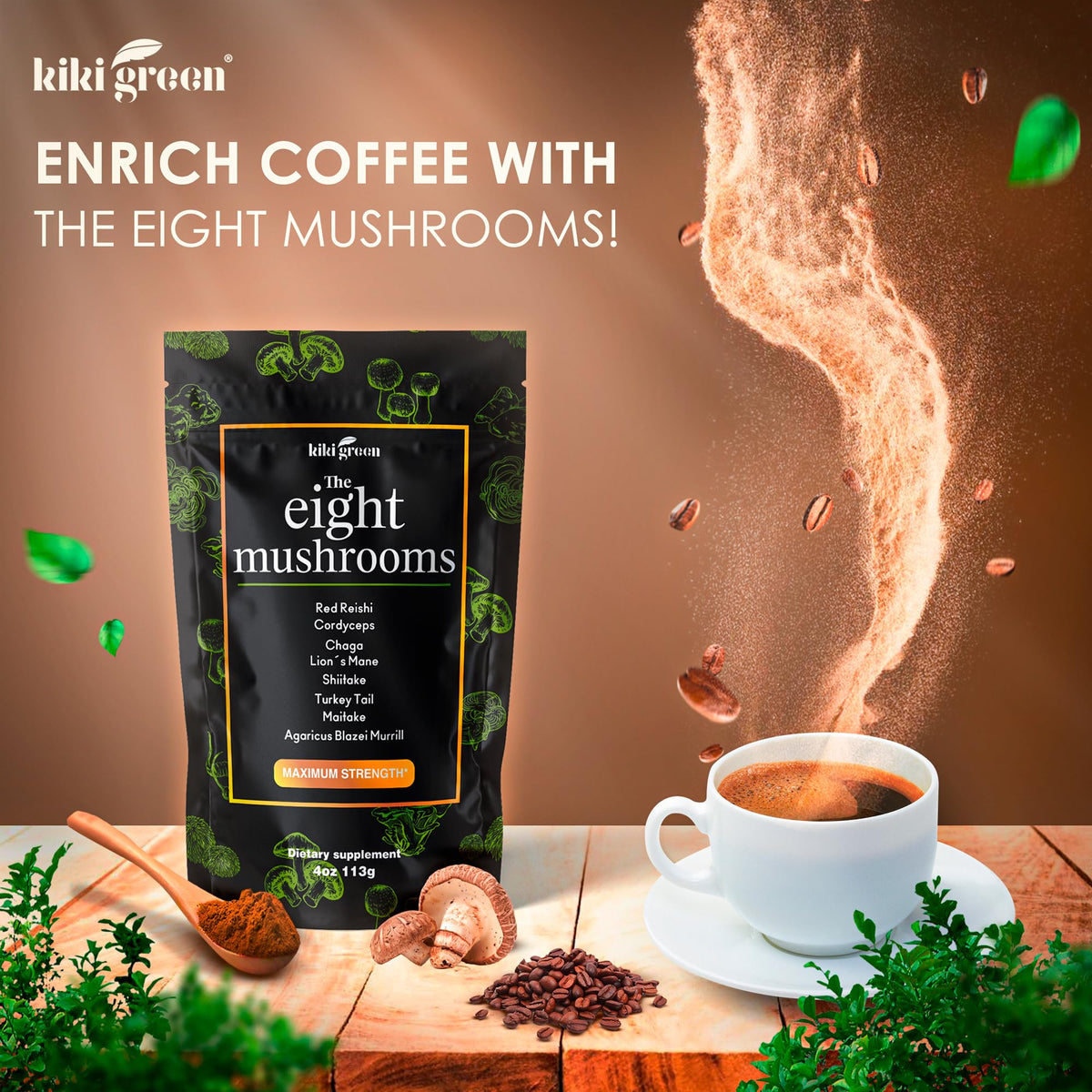 KIKI Green Mushroom Powder Extract - The 8 Mushrooms Supplement Blend