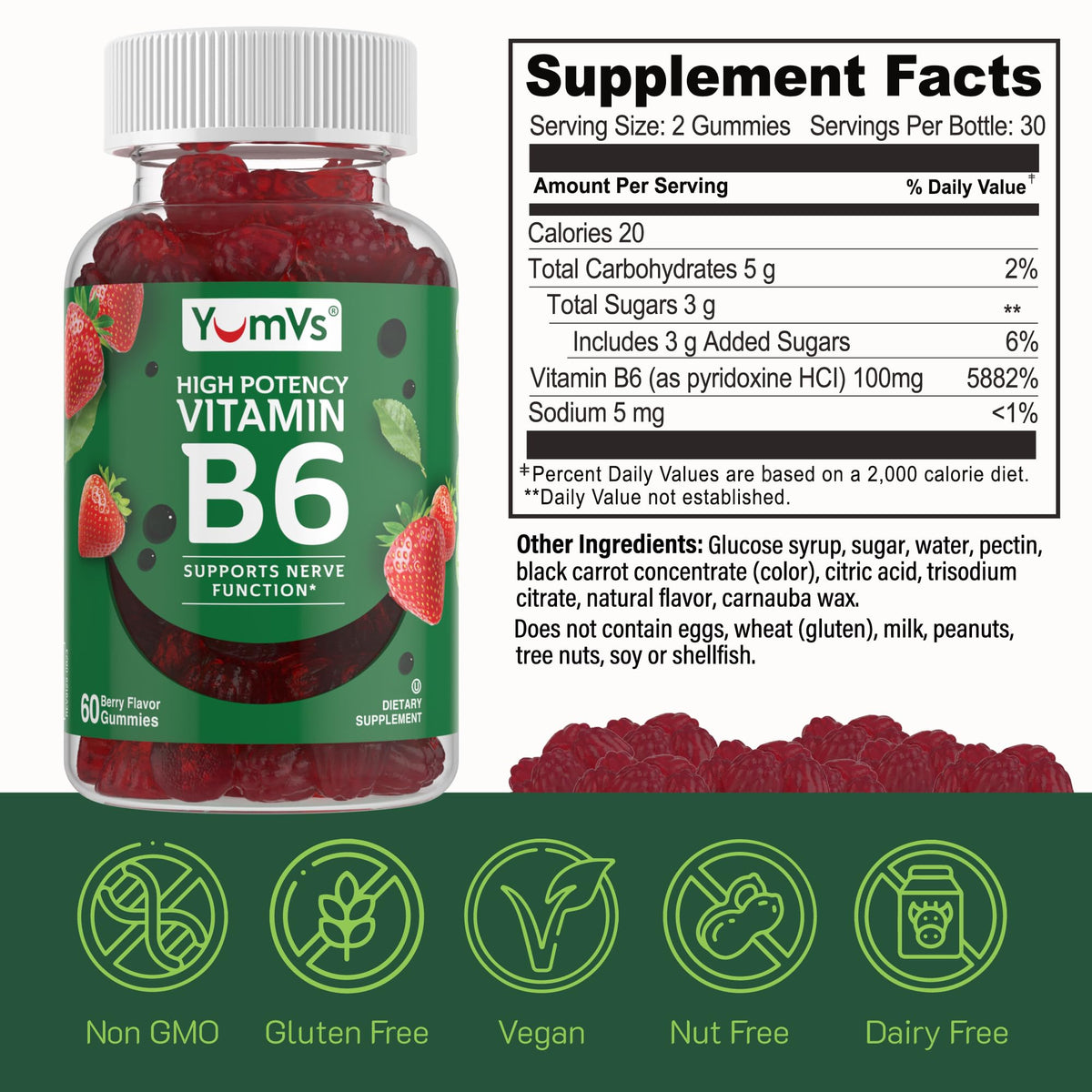YUM-V'S Vitamin B6 Gummies 100 mg Strawberry - 60 Count - image 5