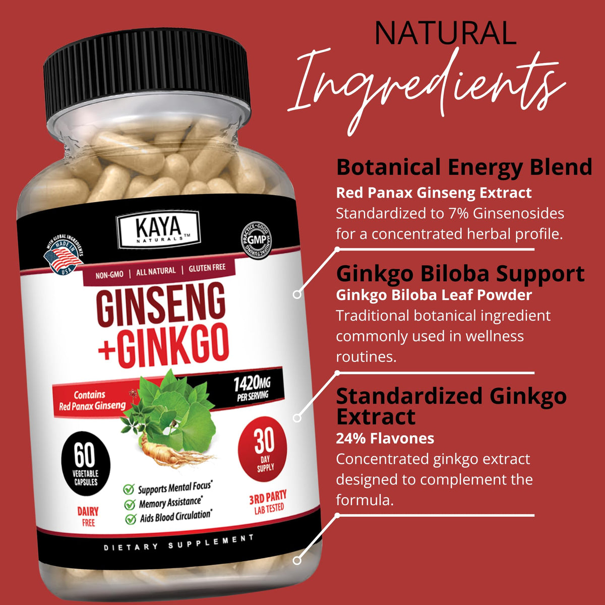 Kaya Naturals Red Panax Ginseng + Ginkgo Biloba