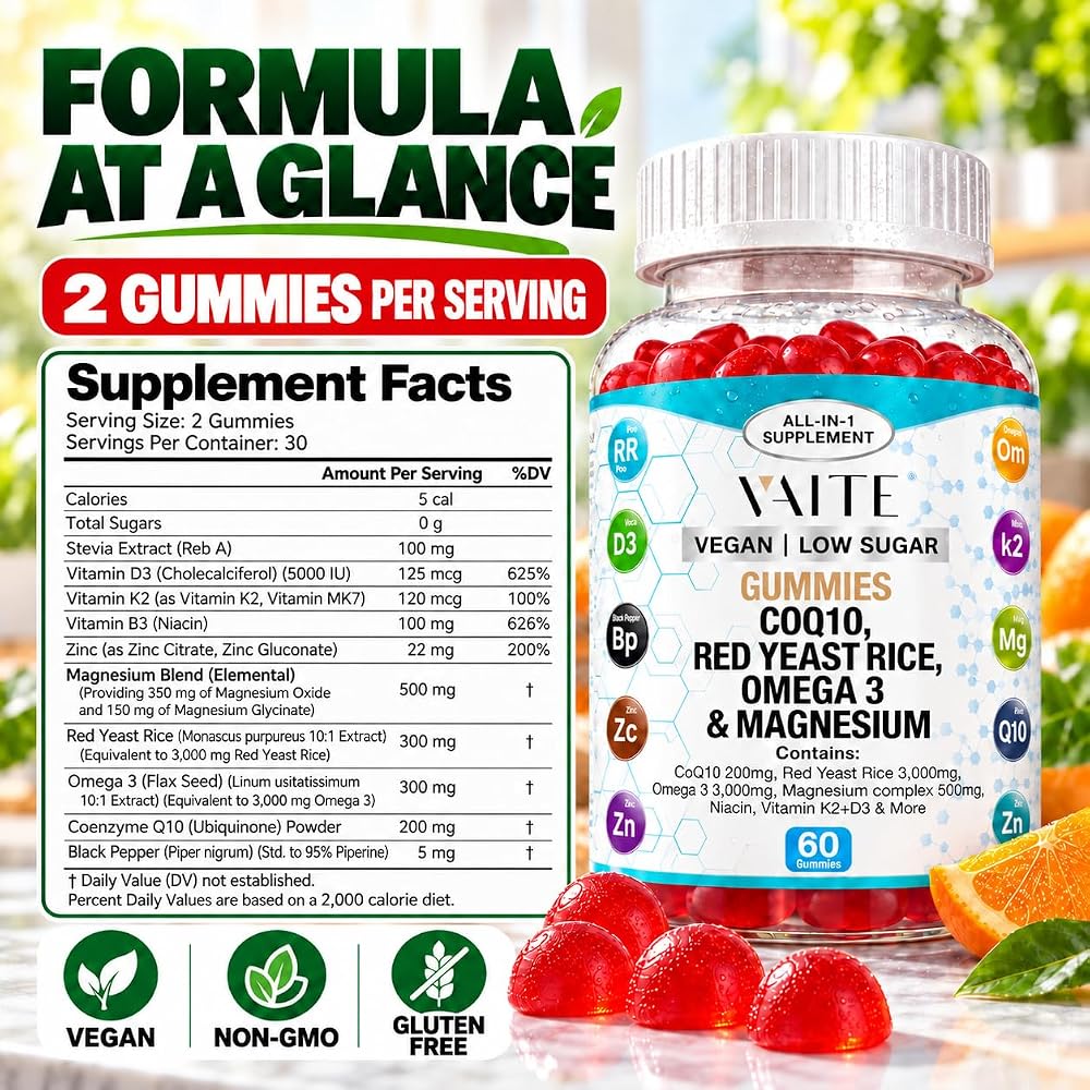 VAITE CoQ10 200mg Gummies with Red Yeast Rice & Magnesium - 60 Gummies - image 3