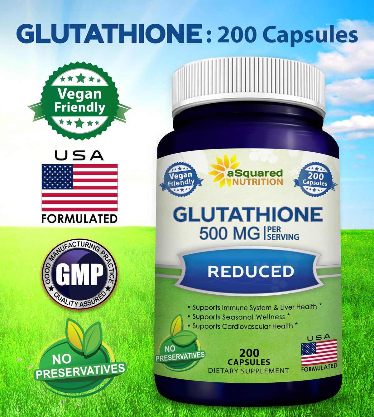 aSquared Nutrition Reduced Glutathione 500mg - 200 Capsules - image 3
