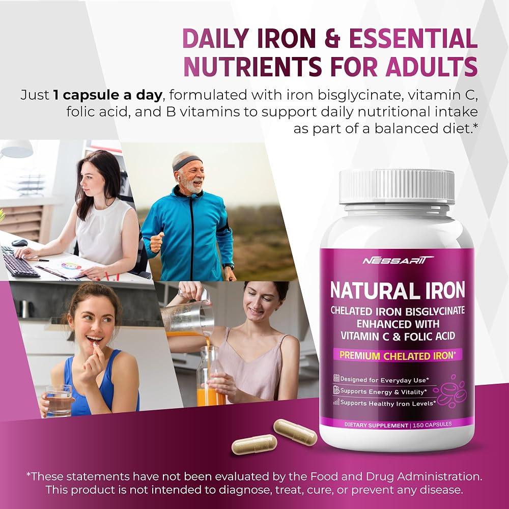 Nessarit Natural Iron Bisglycinate 50 mg with Vitamin C - 150 Capsules - image 2