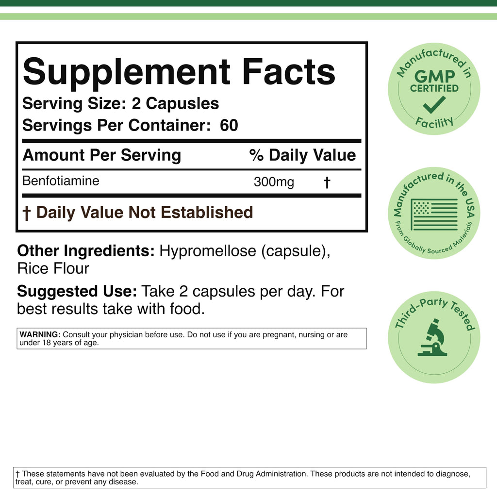 Double Wood Supplements Benfotiamine 300mg Vitamin B1 - 120 Capsules - image 5