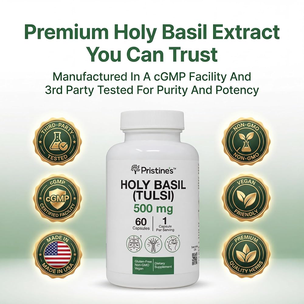 PRISTINE'S Holy Basil Tulsi 500mg Adaptogen Capsules - 60 Count - image 2