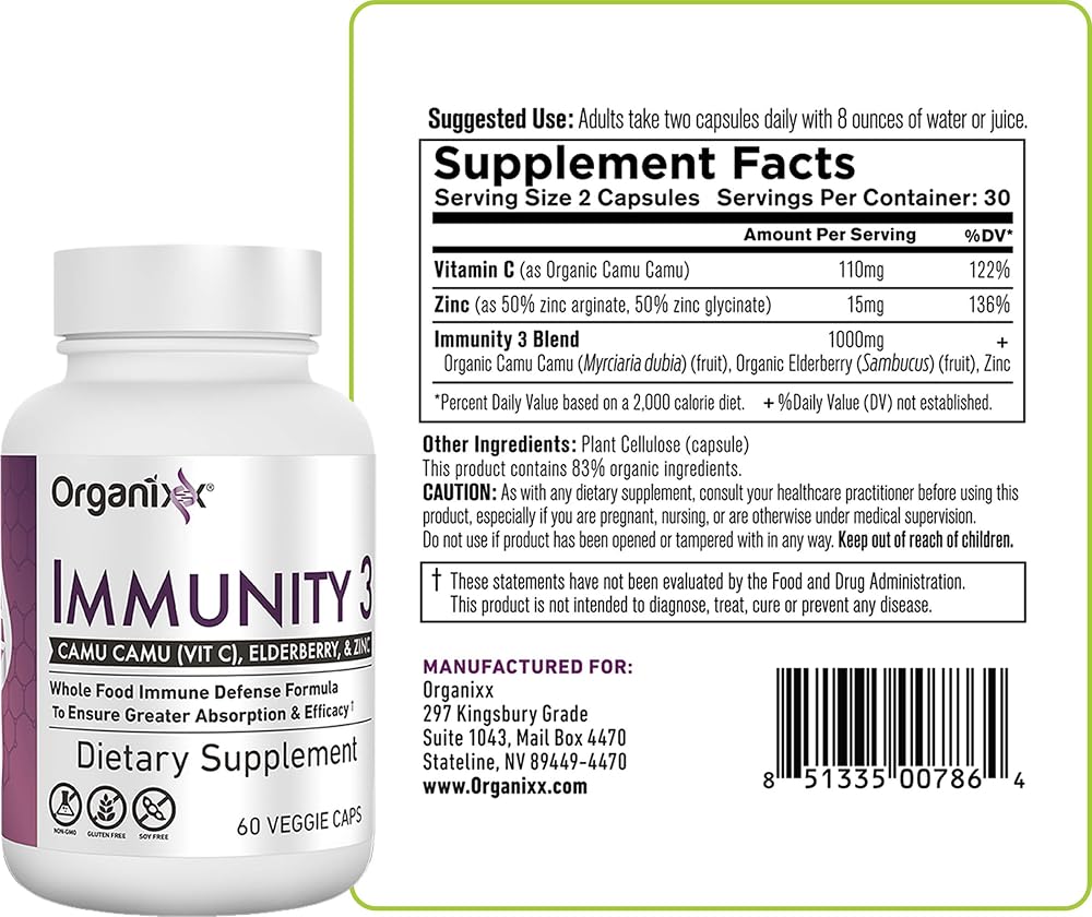 Organixx Immunity 3 Vitamin C, Zinc & Elderberry - 60 Capsules - image 2