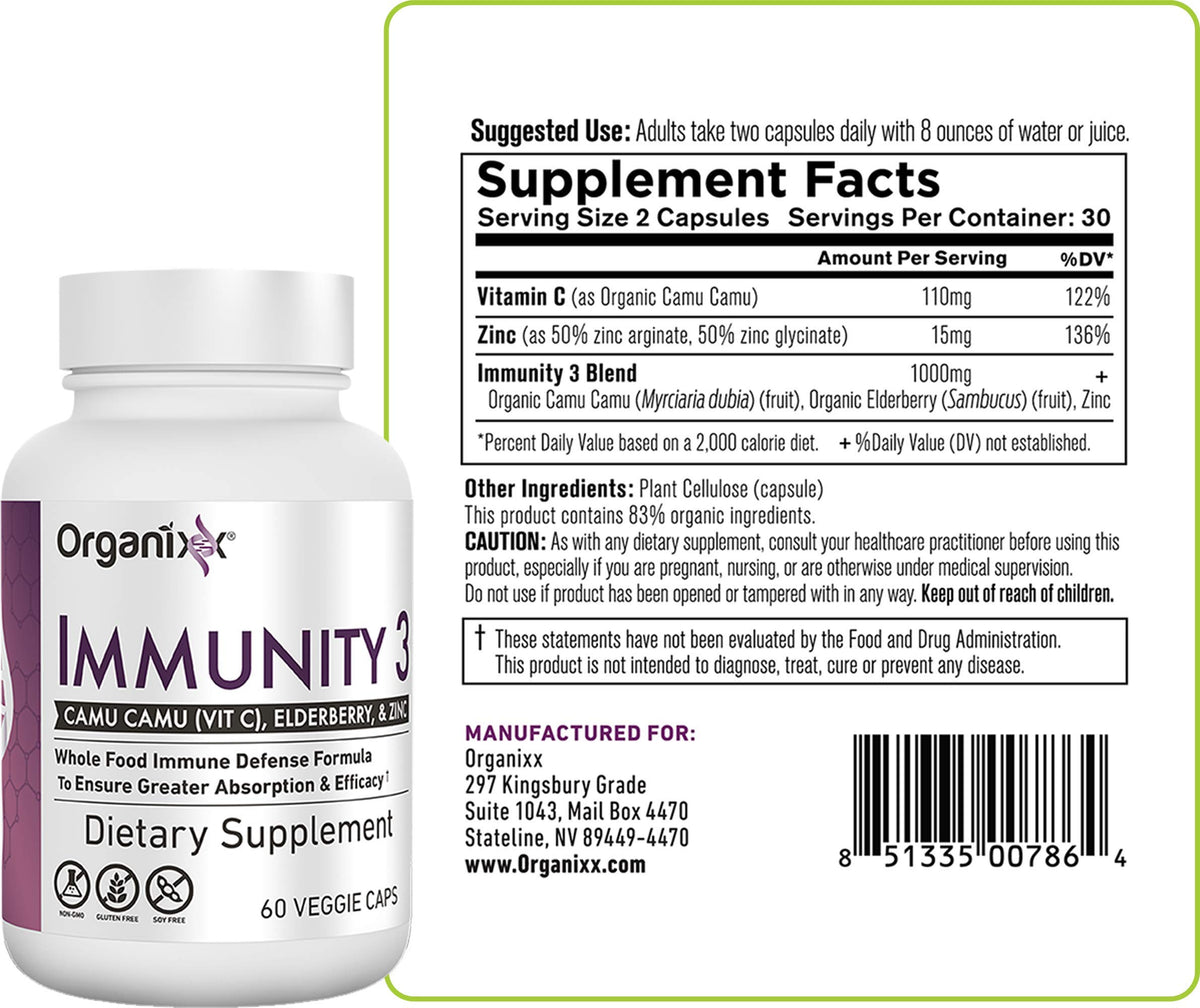 Organixx Immunity 3 Vitamin C, Zinc & Elderberry - 60 Capsules - image 2