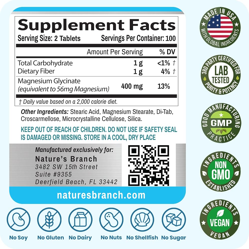Nature's Branch Magnesium Glycinate 400mg for Sleep & Heart - 200 Tablets - image 6