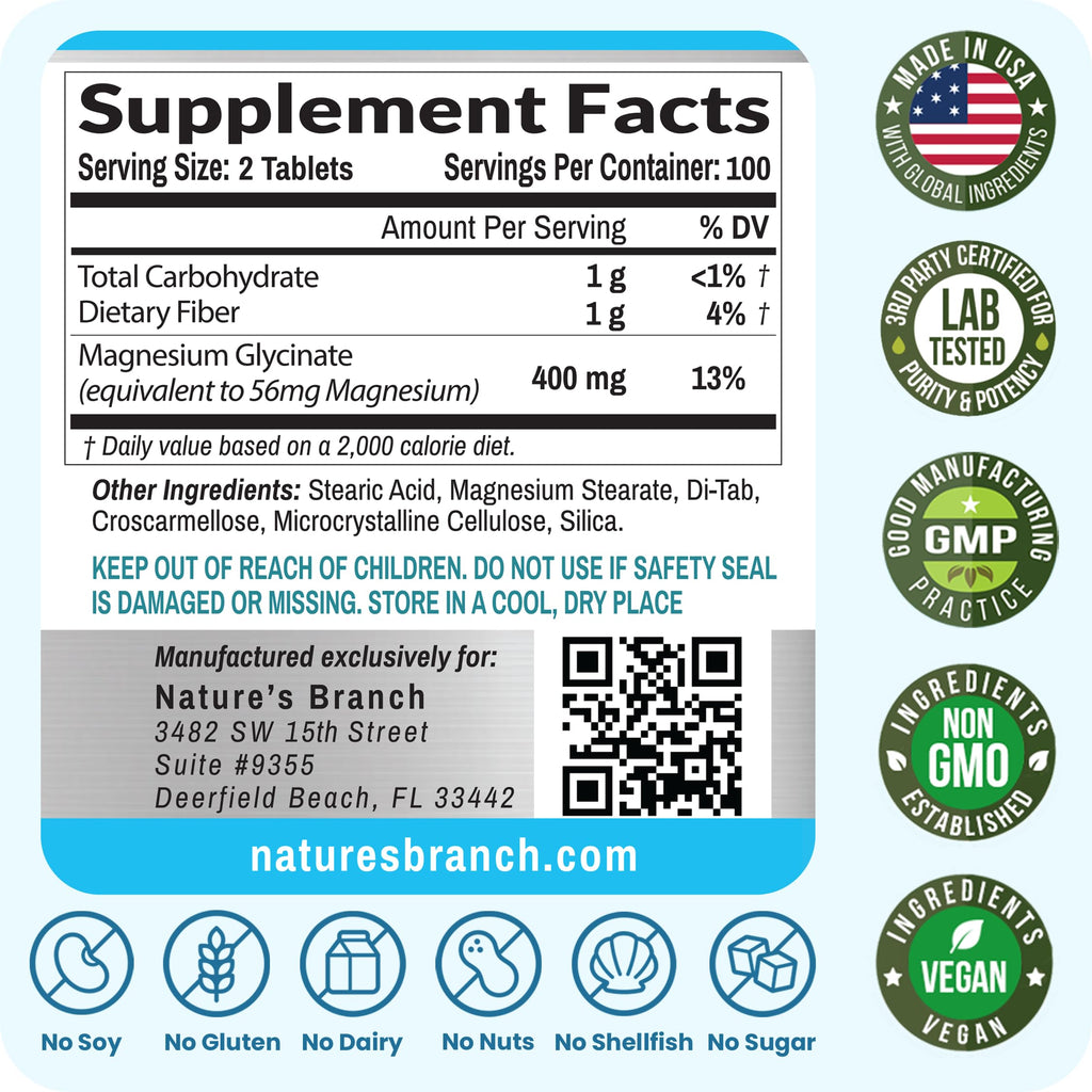 Nature's Branch Magnesium Glycinate 400mg for Sleep & Heart - 200 Tablets - image 6