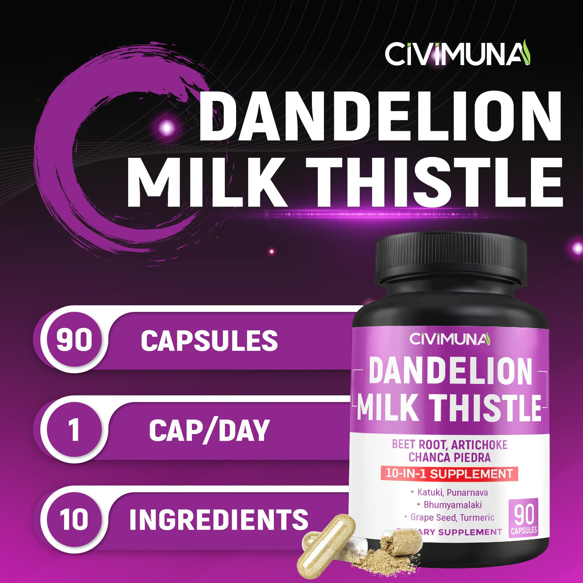 CIVIMUNA Dandelion Root Capsules with Milk Thistle - 90 Capsules - image 2