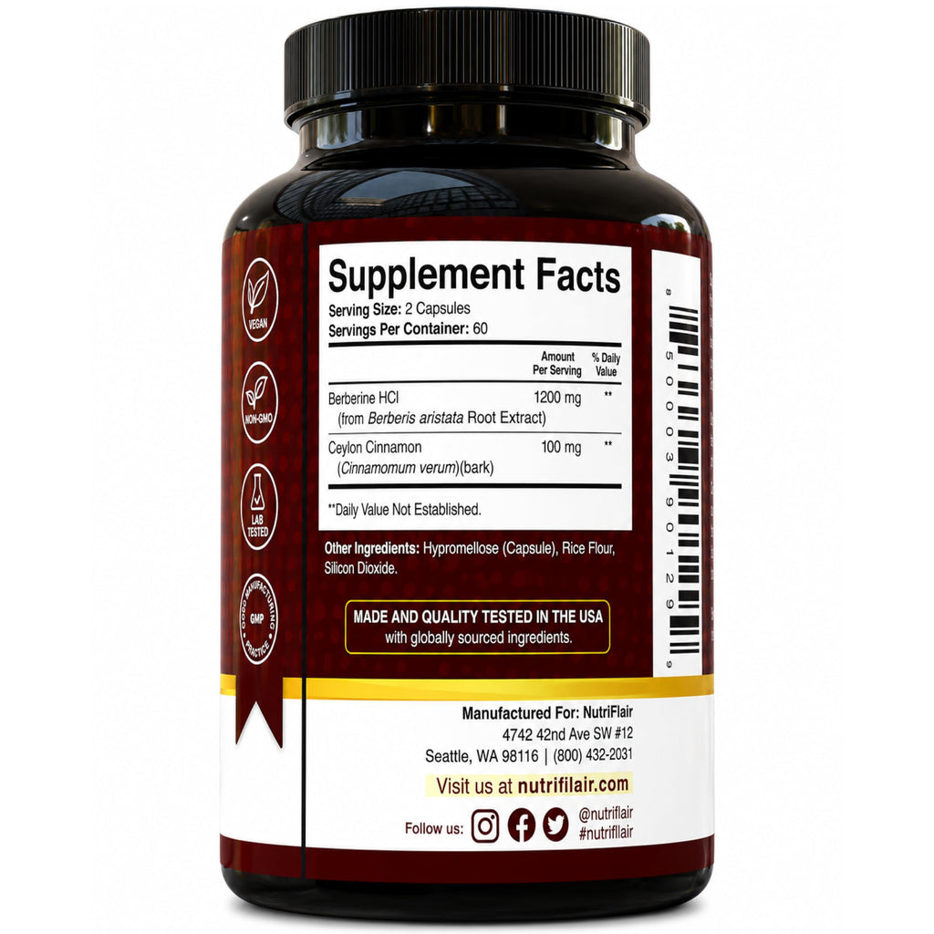 NutriFlair Berberine HCl 1200mg with Ceylon Cinnamon - 120 Capsules - image 8
