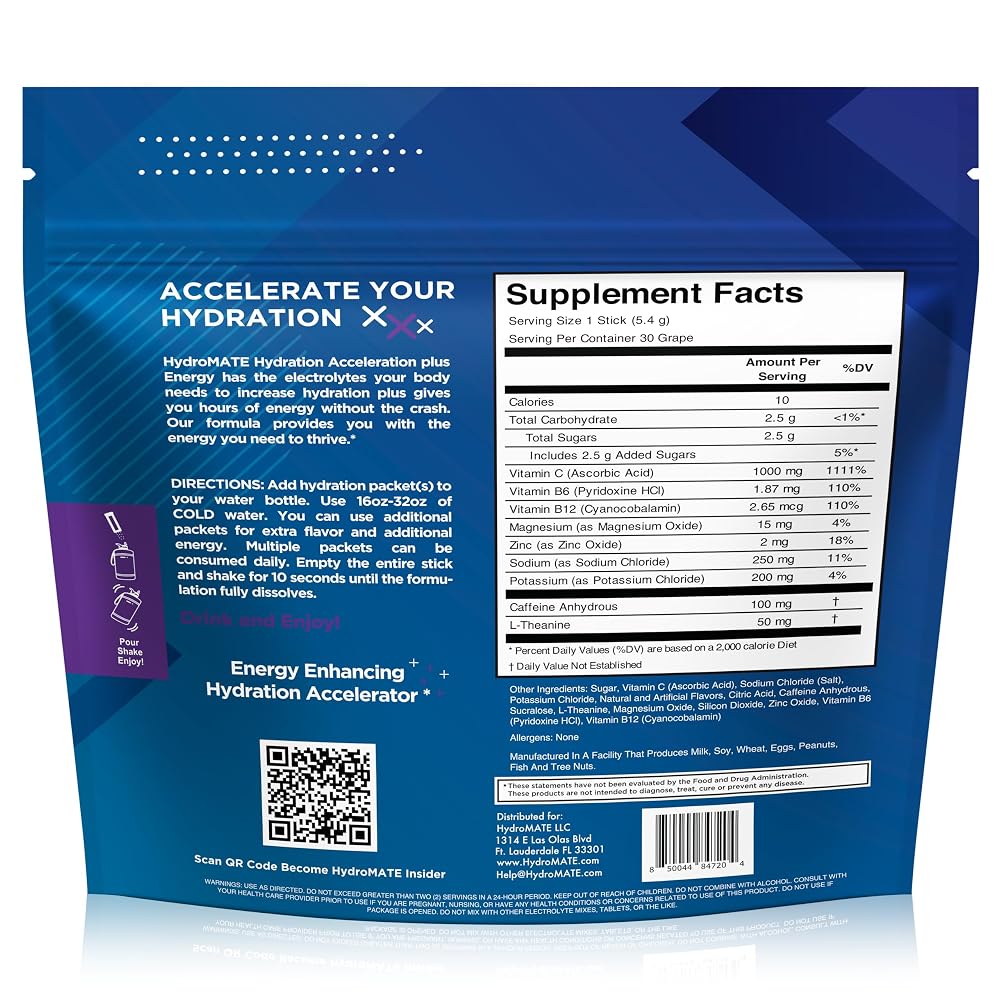 HydroMATE Electrolytes Powder Packets Energy Drink Mix Hydration