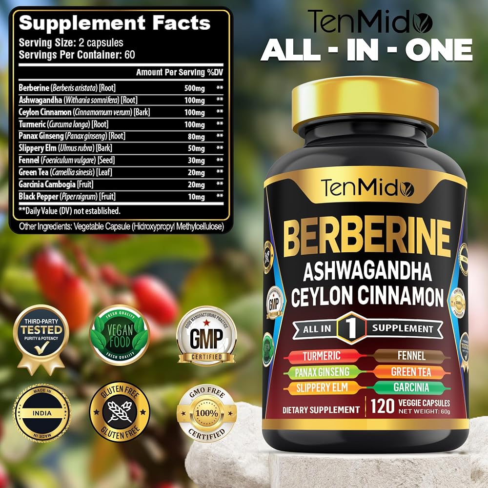 Tenmido Berberine Supplement 10-in-1 Formula - 120 Capsules - image 2