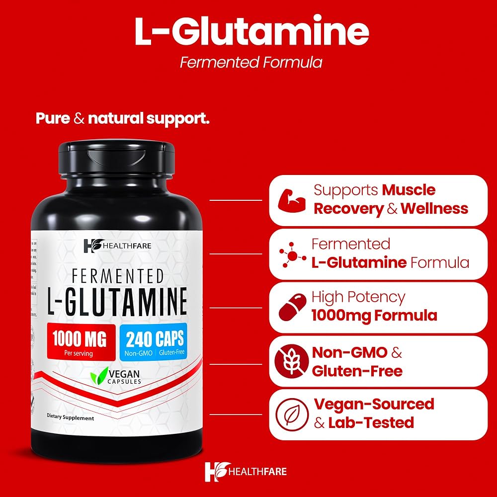 Healthfare L-Glutamine 1000mg Amino Acid - 240 Vegan Capsules - image 2