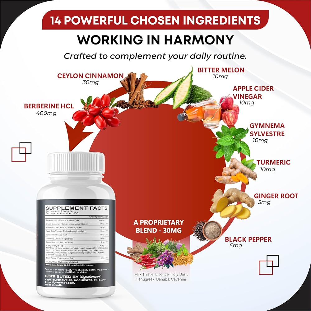 GUDOMET Berberine 14-in-1 Complex with Ceylon Cinnamon - 150 Capsules - image 4