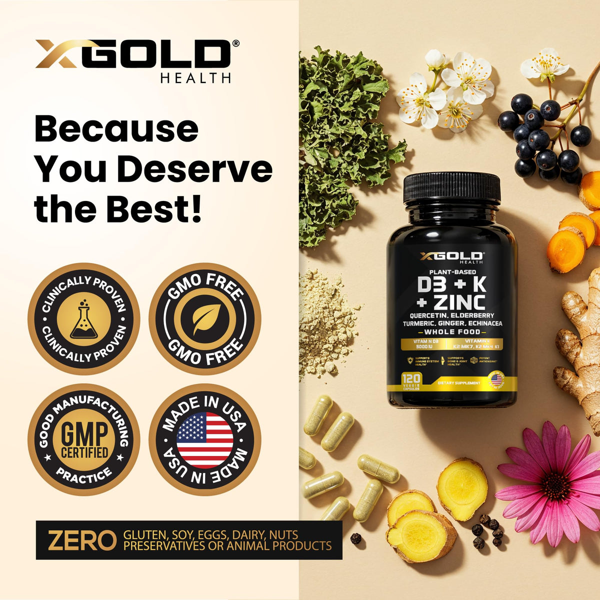 X Gold Health Vitamin D3 K2 K1 Zinc Quercetin Complex - 120 Capsules - image 5