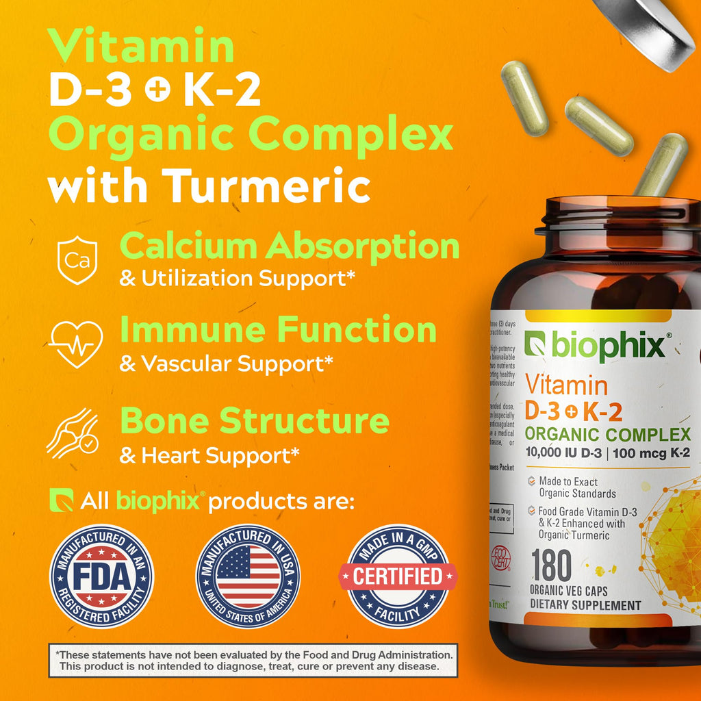 biophix Organic Vitamin D-3 K2 Turmeric - 180 Vegetarian Capsules - image 5