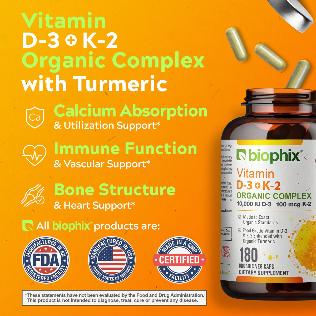 biophix Organic Vitamin D-3 K2 Turmeric - 180 Vegetarian Capsules - image 5