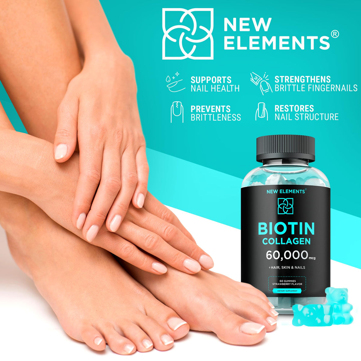 New Elements Biotin & Collagen Peptides Gummies - 60 Count - image 7
