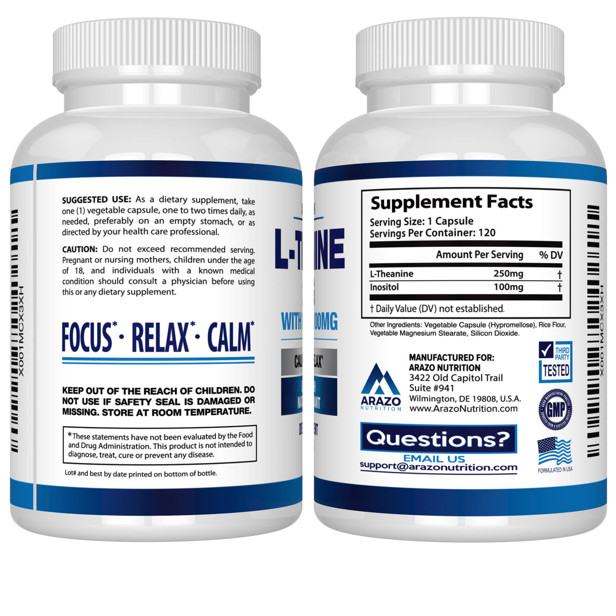 Arazo Nutrition L-Theanine 250mg with Inositol - 120 Vegetarian Capsules - image 3