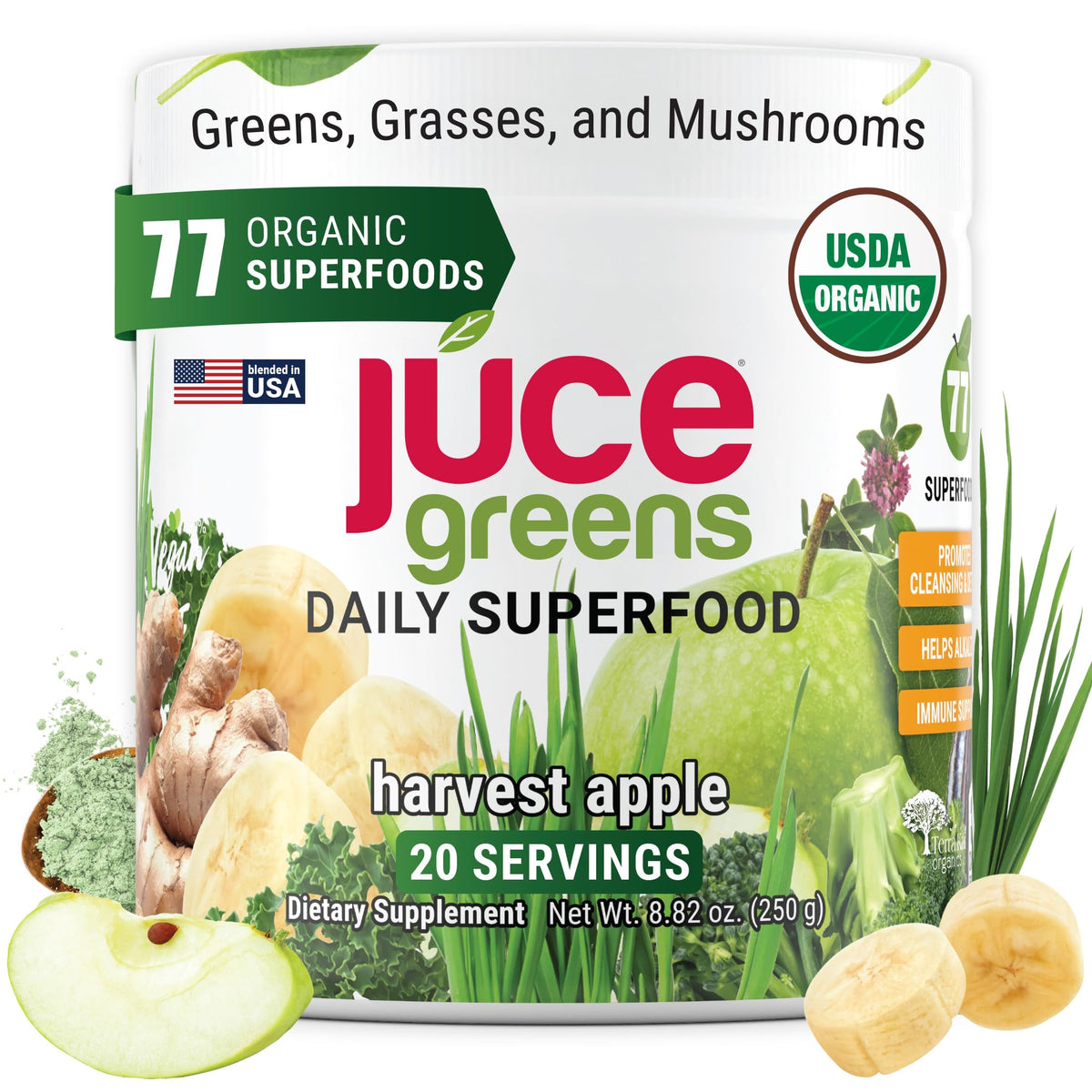 Terra Kai Organics Juice Greens Powder with Mushrooms, Apple - 8.82 oz