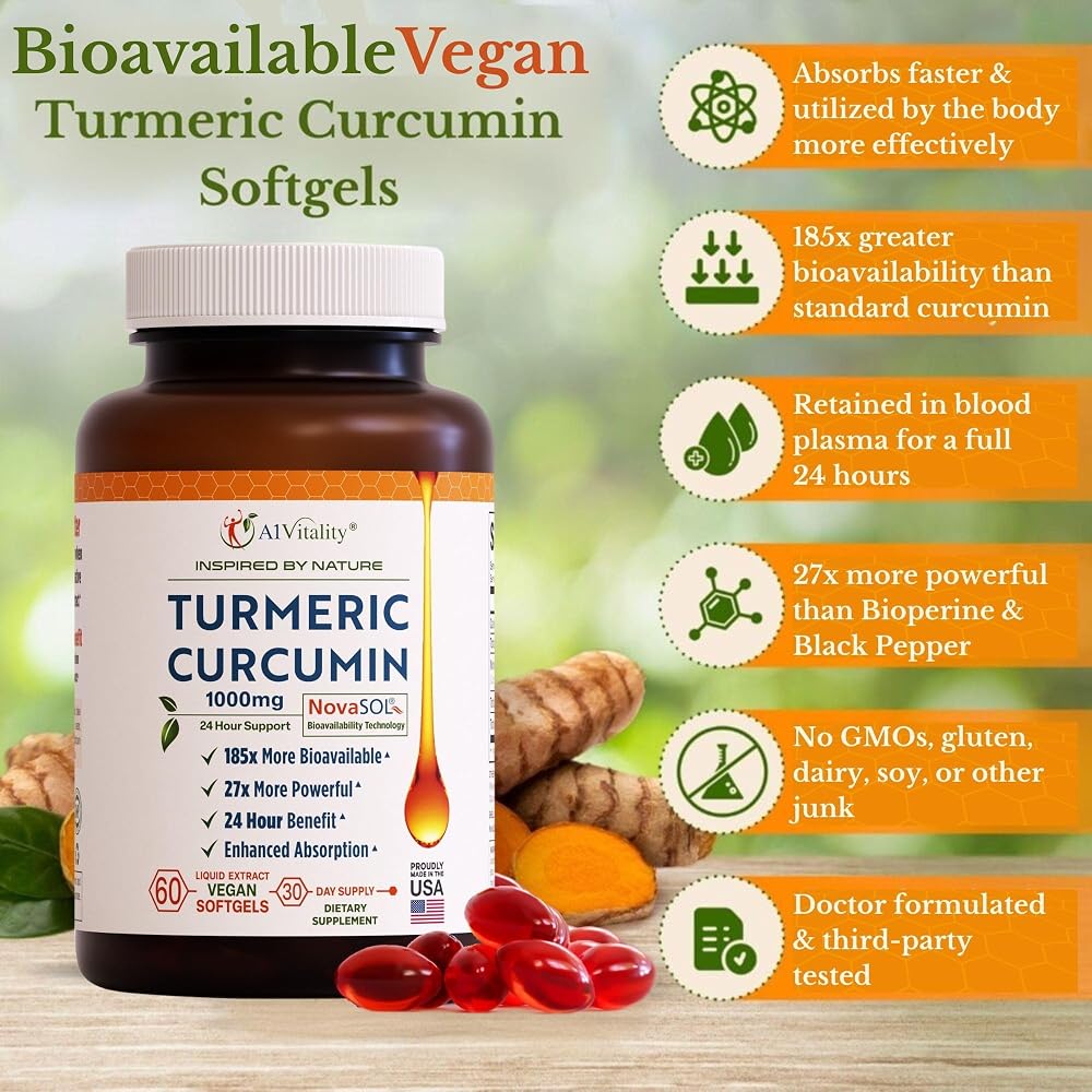 A1Vitality Vegan Turmeric Curcumin NovaSOL 1000mg - 60 Softgels - image 4