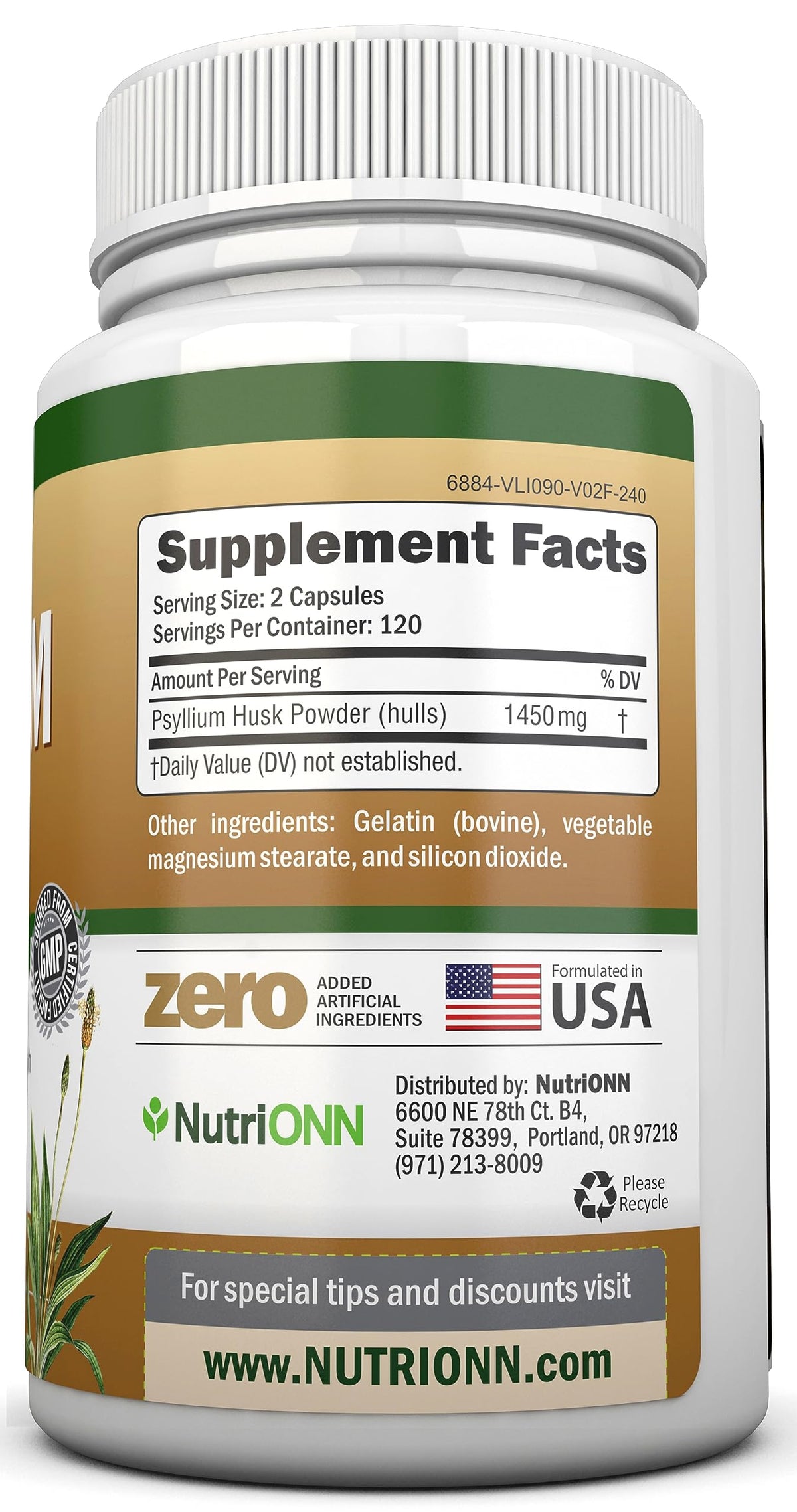 NutriONN Psyllium Husk Capsules 1450mg - 240 Capsules - image 2