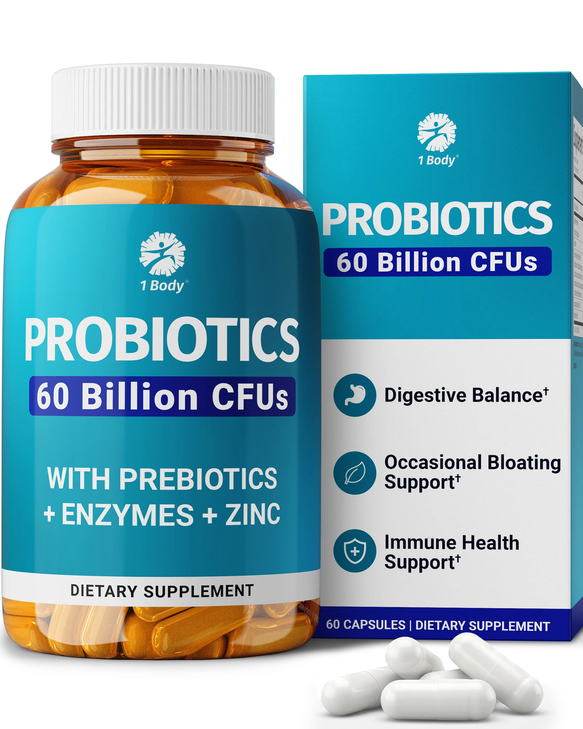 1 Body Probiotic 60 Billion with Prebiotics & Enzymes - 60 Vegan Caps