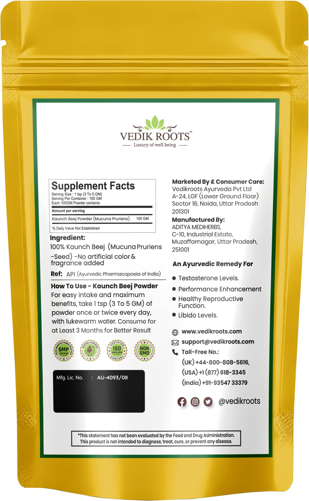 VEDIKROOTS Kaunch Beej Powder for Strength and Stamina - 100g - image 2