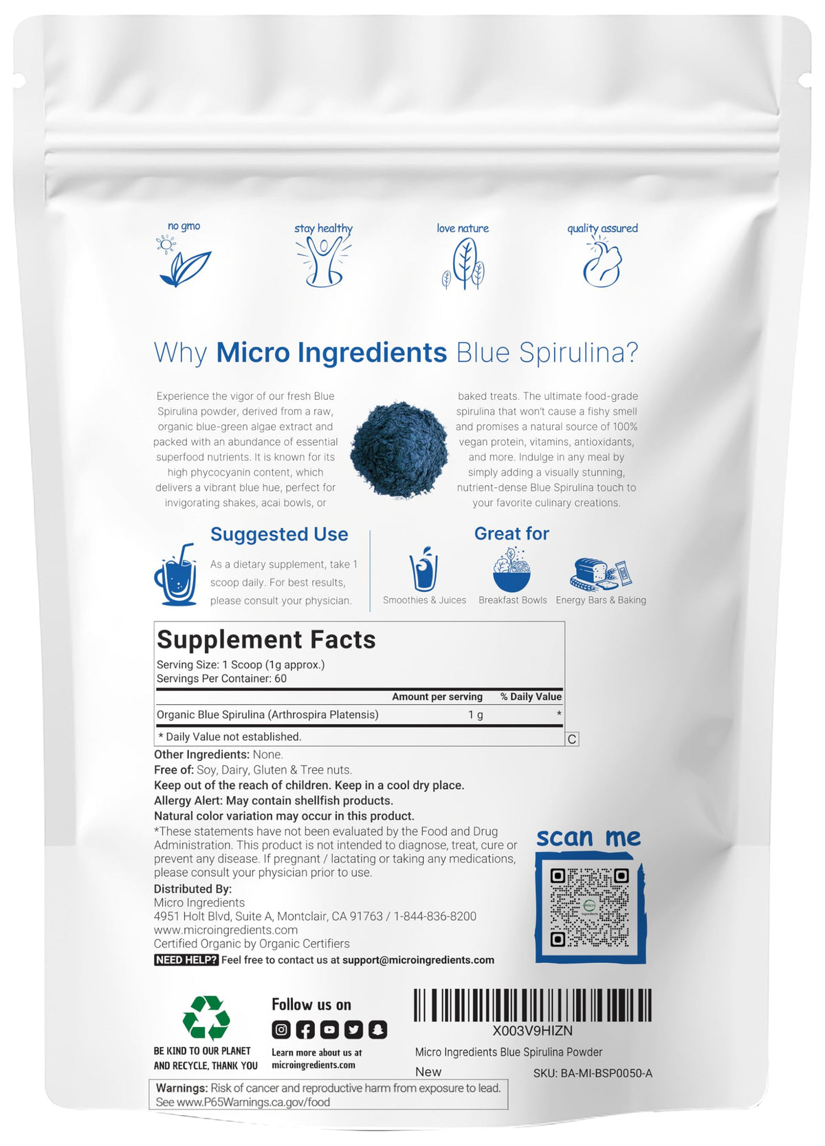 Micro Ingredients Organic Blue Spirulina Powder - 60 Servings - image 2
