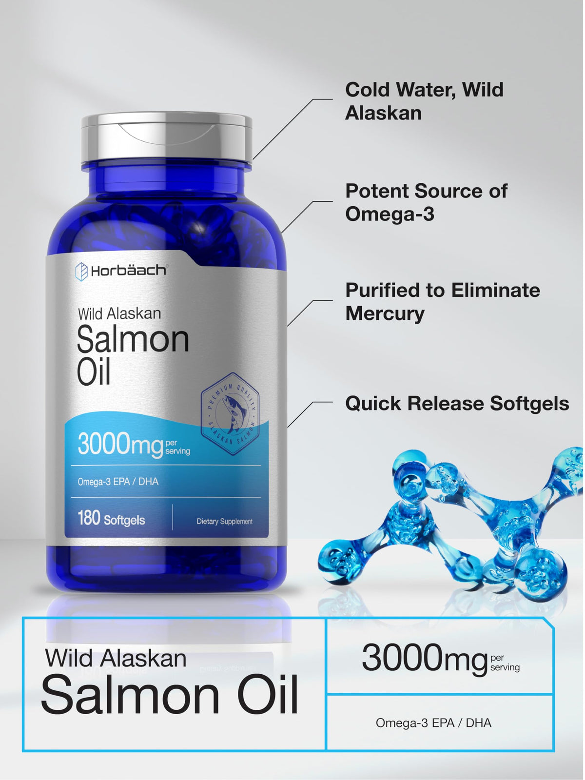 Horbäach Wild Alaskan Salmon Fish Oil 3000mg - 180 Softgels - image 4