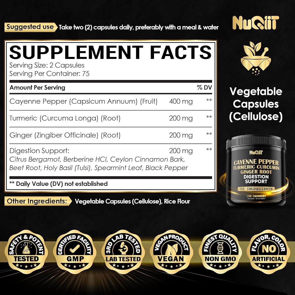 NUQIIT Cayenne Pepper Capsules with Turmeric & Ginger - 150 Capsules - image 2