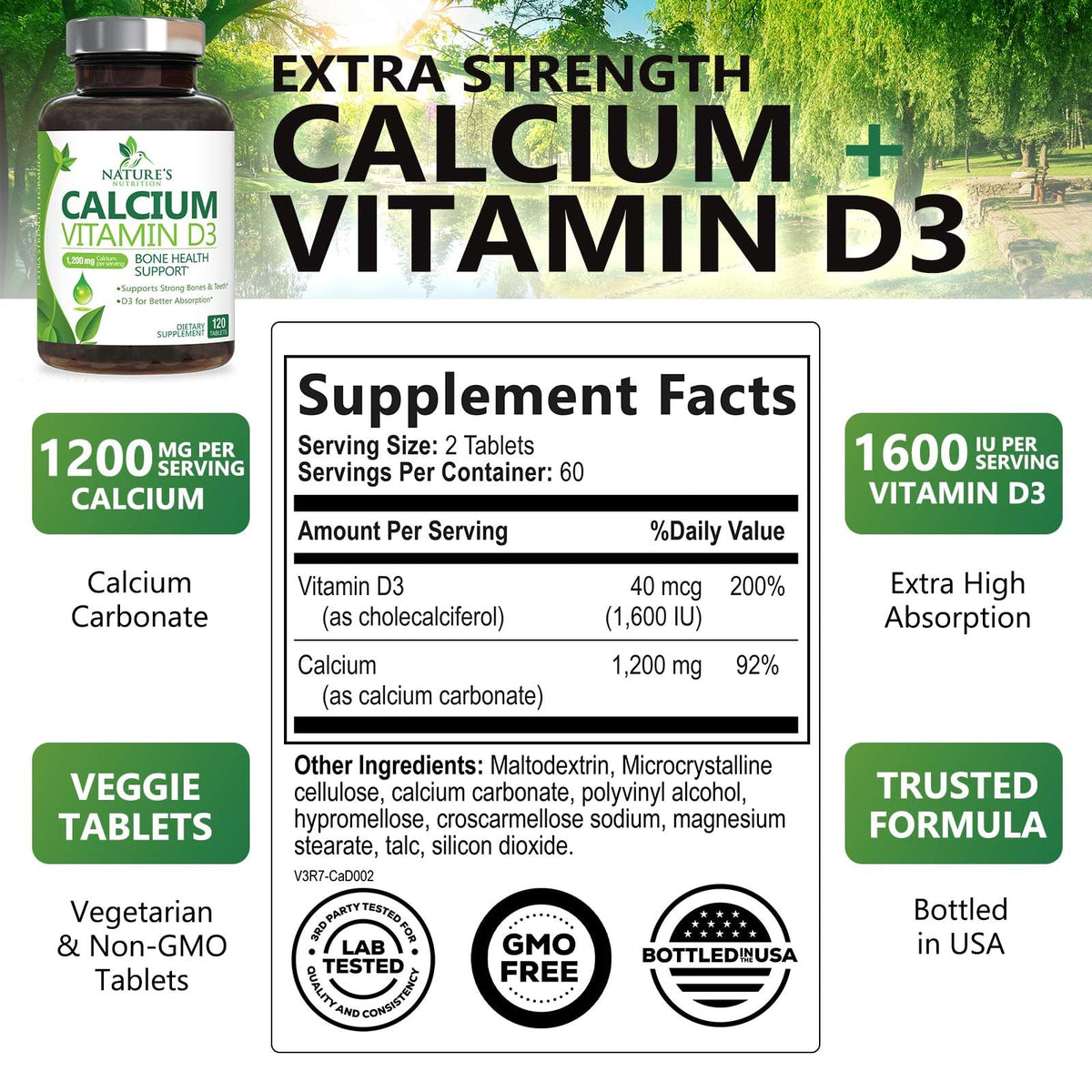 Nature's Nutrition Calcium 1200 mg with Vitamin D3 - Premium Bone
