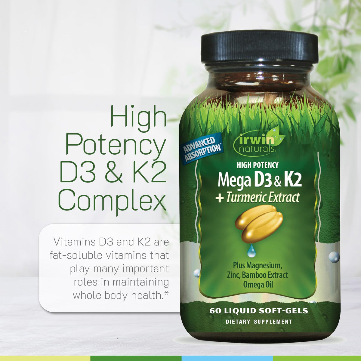 Irwin Naturals Mega D3 & K2 + Turmeric Extract - 60 Softgels - image 5