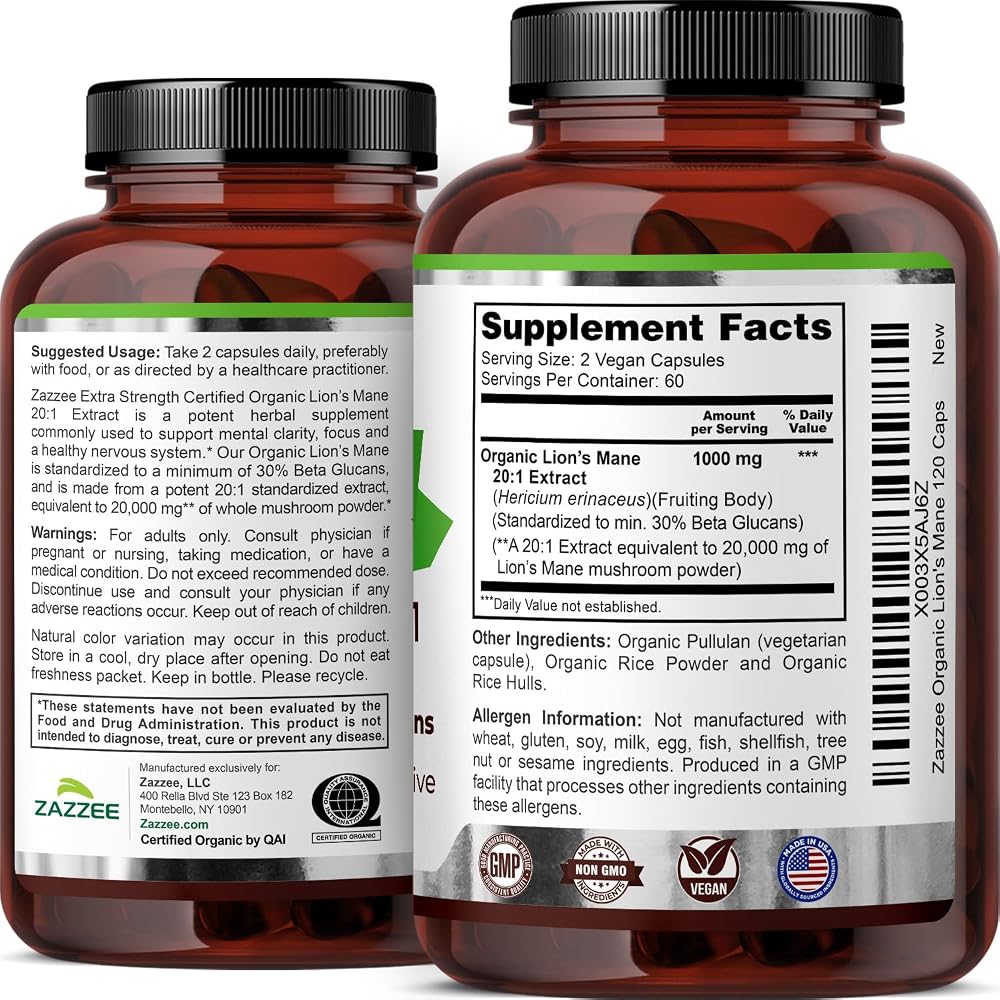 Zazzee USDA Organic Lion's Mane 20:1 Extract 30% Beta Glucans - 120 Capsules - image 8