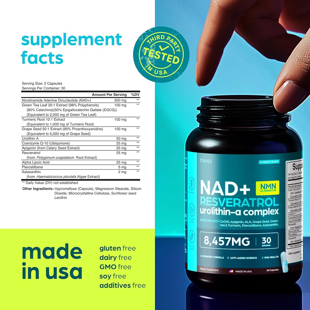 Thinbi Liposomal NAD+ Supplement with Resveratrol & CoQ10 - 60 Capsules - image 7