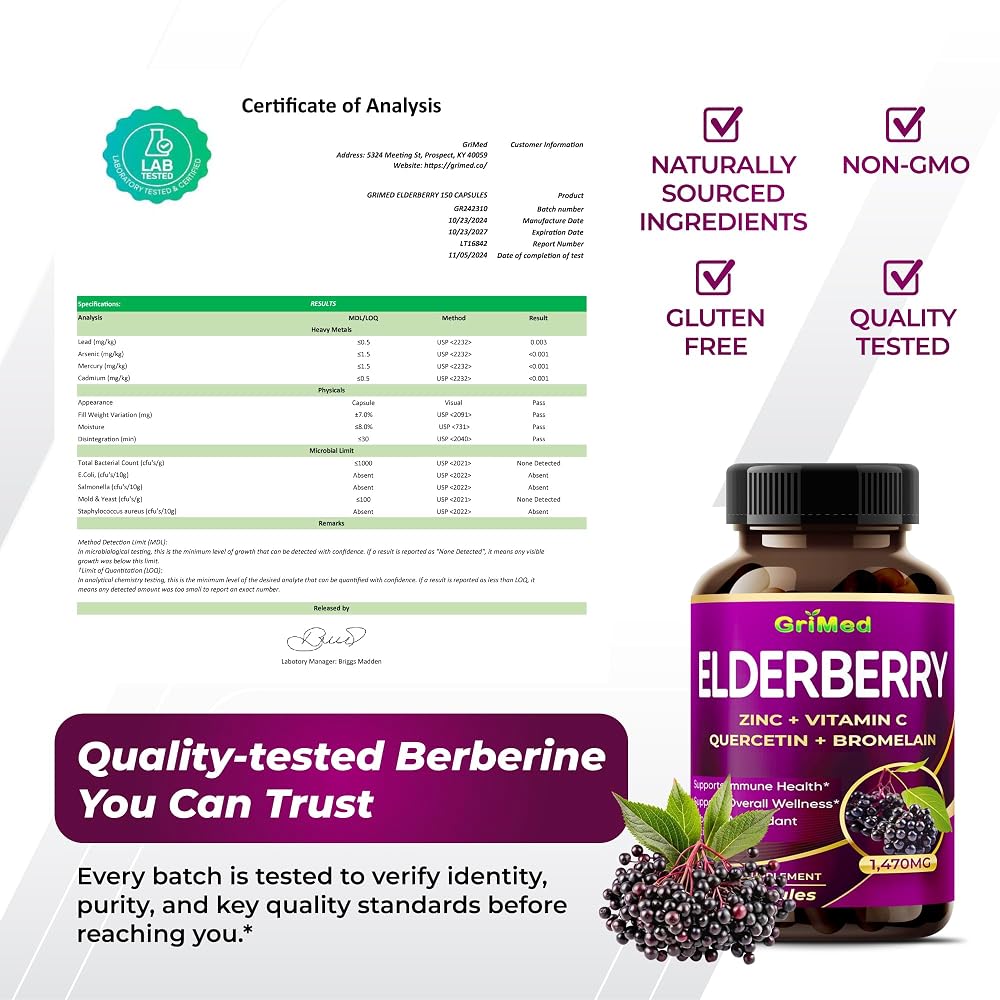 GriMed Elderberry Complex 1,470 mg with Quercetin & Zinc - 150 Capsules - image 8