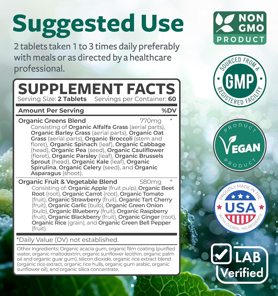 Healths Harmony USDA Organic Greens Powder Convenient Pills