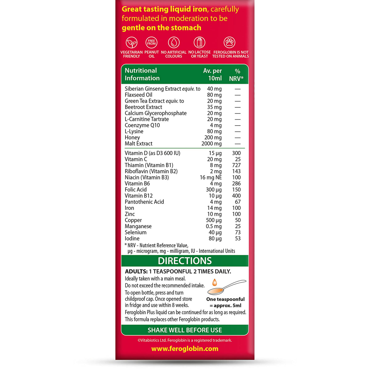 Feroglobin Plus Liquid Iron with Vitamin D and Co-Q10 - 200ml - image 2