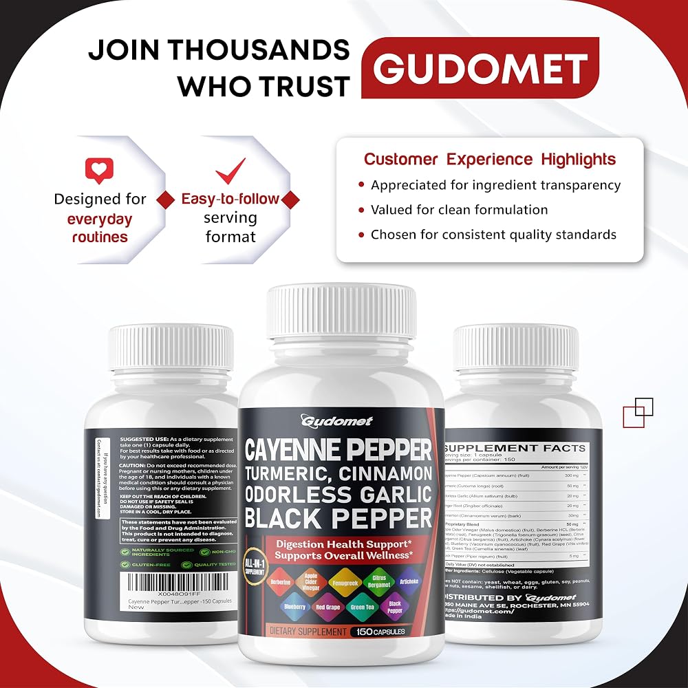 GUDOMET Cayenne Pepper 14-in-1 with Turmeric & Cinnamon - 150 Capsules - image 9