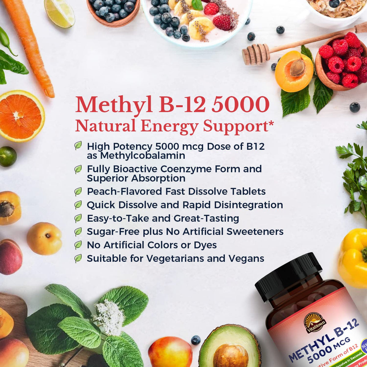 Vitalitown Vitamin B12 Methyl B12 5000 mcg Energy Support - 90 Tablets - image 3