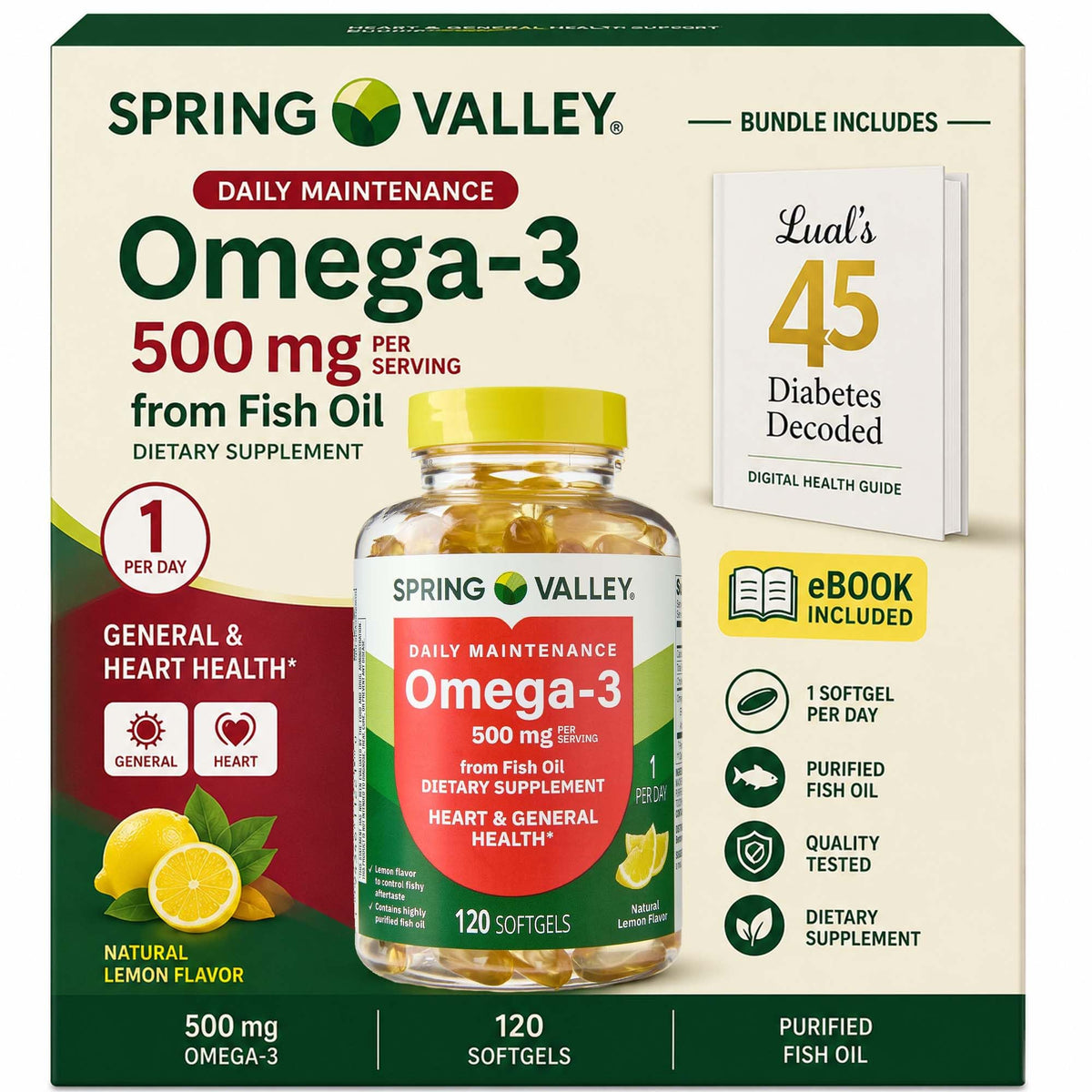 LUAL Spring Valley Omega-3 Fish Oil 500 mg Heart Health - 120 Softgels - image 2