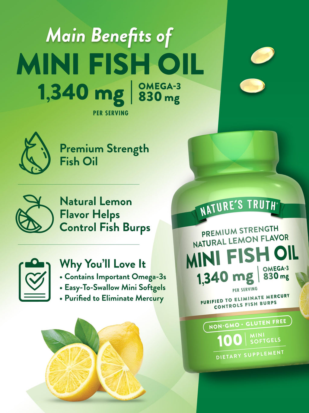 Nature's Truth Mini Fish Oil Omega 3 1340 mg - 100 Softgels - image 5