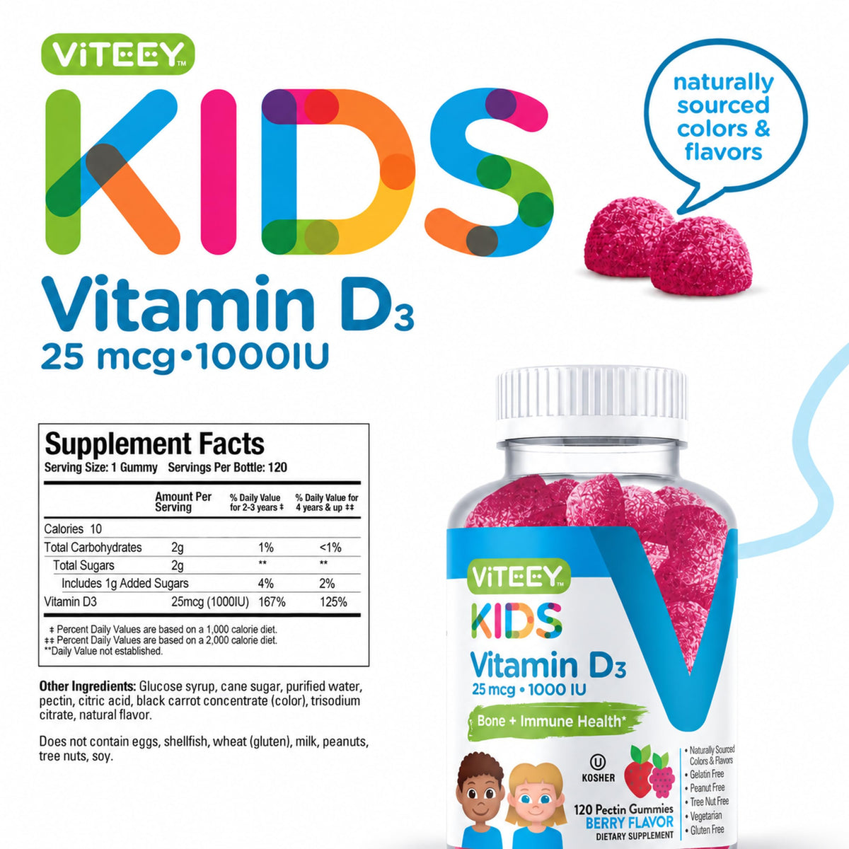 Viteey Vitamin D3 Gummies 25mcg 1000 IU Formulated for Kids - Bone